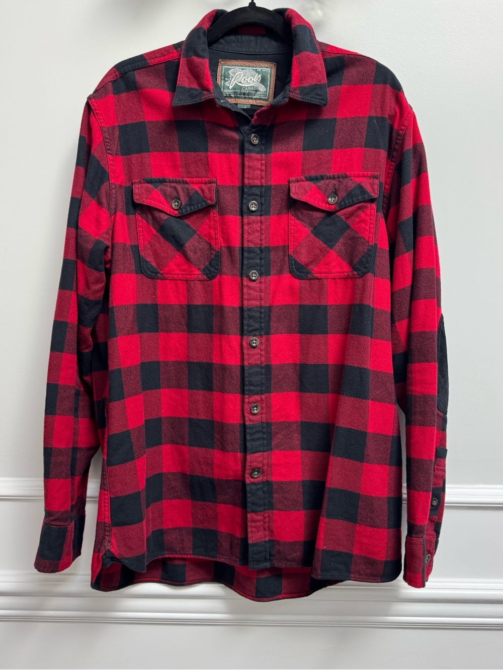Roots Black and Red Flannel Shirt with Elbow Patches - Size Large - 100% Cotton